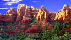 Landscapes sunset nature Trees blue clouds red Green Arizona 