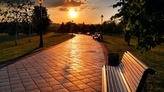 Landscapes sunset nature Trees clouds bench paths sunlight 