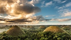 Landscapes sunset nature Trees clouds hills Green skies forests 