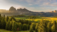 Landscapes sunset nature Trees grass Mountains clouds Green 