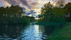 Landscapes sunset nature Trees grass water blue clouds Green 