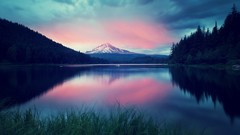 Landscapes sunset nature Trees grass water Mountains evening 