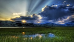 Landscapes sunset nature Trees grass water Mountains hills 