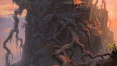 Landscapes sunset nature Trees hut paintings artwork fantasy art