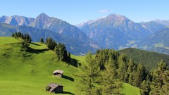 Landscapes sunset nature Trees Mountains Green sunlight blue 