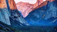 Landscapes sunset nature Trees Mountains light Green brown 