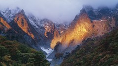 Landscapes sunset nature Trees snow Mountains clouds Japan 
