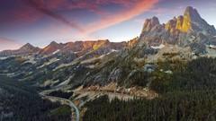 Landscapes sunset nature Trees snow Mountains clouds north 
