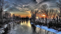 Landscapes sunset nature Trees snow winter clouds rivers 