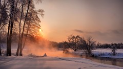 Landscapes sunset nature Trees snow winter white rivers