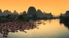 Landscapes sunset nature Trees water China Boats Dome piers 