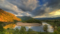 Landscapes sunset nature Trees water clouds hills Green rivers 