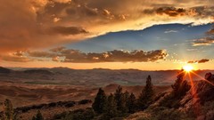 Landscapes sunset nature Trees water Mountains clouds hills 