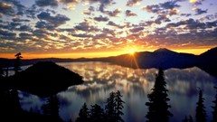 Landscapes sunset nature Trees water sun blue Mountains clouds 