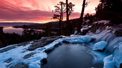 Landscapes sunset nature Trees winter ice waterfalls lakes