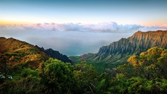 Landscapes sunset nature Trees yellow blue clouds hills Green 