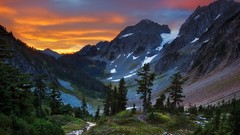 Landscapes sunset nature Trees yellow snow blue Mountains 