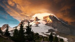 Landscapes sunset nature Trees yellow snow blue Mountains 