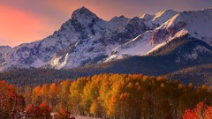 Landscapes sunset nature Trees yellow snow Mountains red autumn 