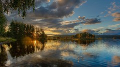 Landscapes sunset nature Trees yellow water clouds hills Green 