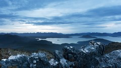 Landscapes sunset nature water blue Mountains clouds evening 