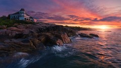 Landscapes sunset nature water clouds ocean coast rocks houses 