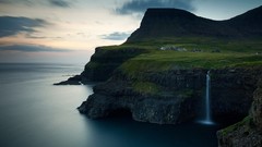 Landscapes sunset nature water clouds ocean hills Green 