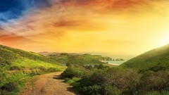 Landscapes sunset nature water clouds ocean hills roads paths 
