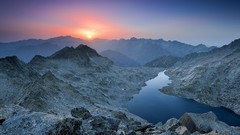 Landscapes sunset nature yellow water blue Mountains clouds red 