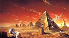 Landscapes sunset pyramids astronauts paintings spaceships 
