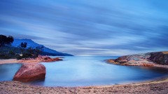 Landscapes sunset sand nature Trees water blue Mountains clouds 