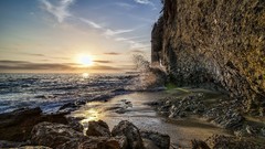 Landscapes sunset sand nature water clouds California rocks 