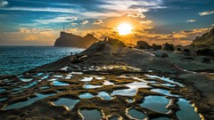 Landscapes sunset Sea coast rocks
