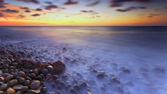 Landscapes sunset Sea fog nature ocean coast pebbles mist HDR 