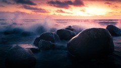 Landscapes sunset Sea fog nature ocean purple rocks waves mist 