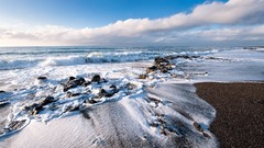 Landscapes sunset Sea nature grass sun Mountains clouds ocean 