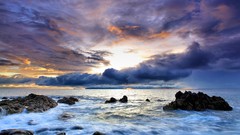 Landscapes sunset Sea nature sun clouds ocean land rocks 
