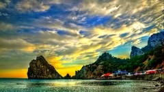 Landscapes sunset Sea nature water clouds bay rocks Beaches 