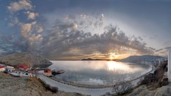 Landscapes sunset Sea nature water clouds hills bay skies