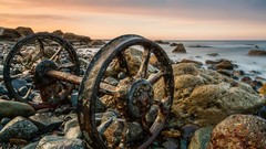 Landscapes sunset Sea nature wheels rust rocks Shaft HDR 