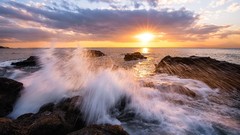 Landscapes sunset Sea Rays nature clouds sky Japan bay rocks 