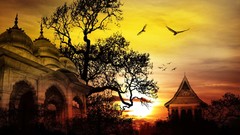 Landscapes sunset silhouettes digital art