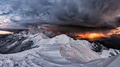 Landscapes sunset snow Mountains clouds