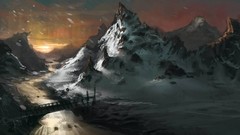 Landscapes sunset snow water Mountains paintings Bridges 