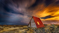 Landscapes sunset Stars City Lights rocks houses iceland skies 