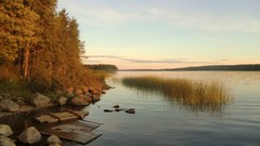 Landscapes sunset stones nature Trees grass water Islands 