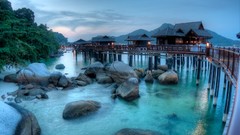 Landscapes sunset stones nature Trees ocean hills Green lights 