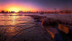 Landscapes sunset sun Bridges cities rivers cityscapes