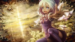 Landscapes sunset sun clouds wings blue hair blue eyes short 