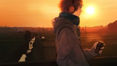 Landscapes sunset sun headphones persona 4 anime boys Persona 